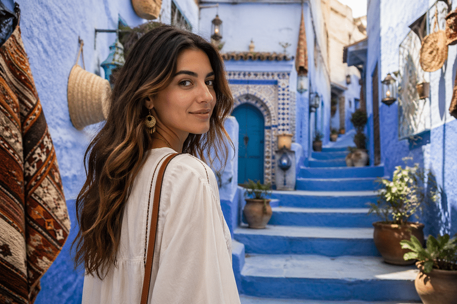 Woman with long wavy hair in a white blouse stands in a blue-walled alley, looking back at the camera amid blue stairs and pottery.