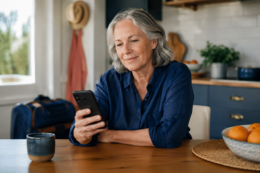 Older woman in a blue shirt sitting at a kitchen table, looking at her smartphone.