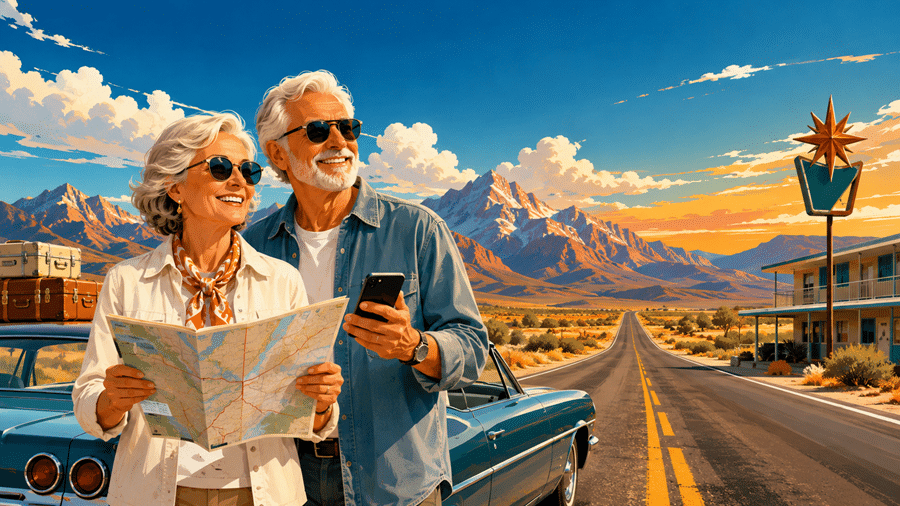 Elderly couple with sunglasses stands beside a vintage blue car, holding a map and smartphone against a desert road at sunset.