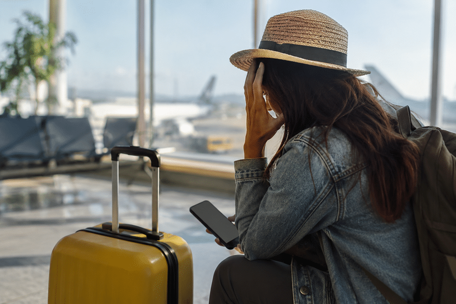 Woman wearing a straw hat sits at an airport gate with a yellow suitcase, looking at her smartphone and a backpack nearby.