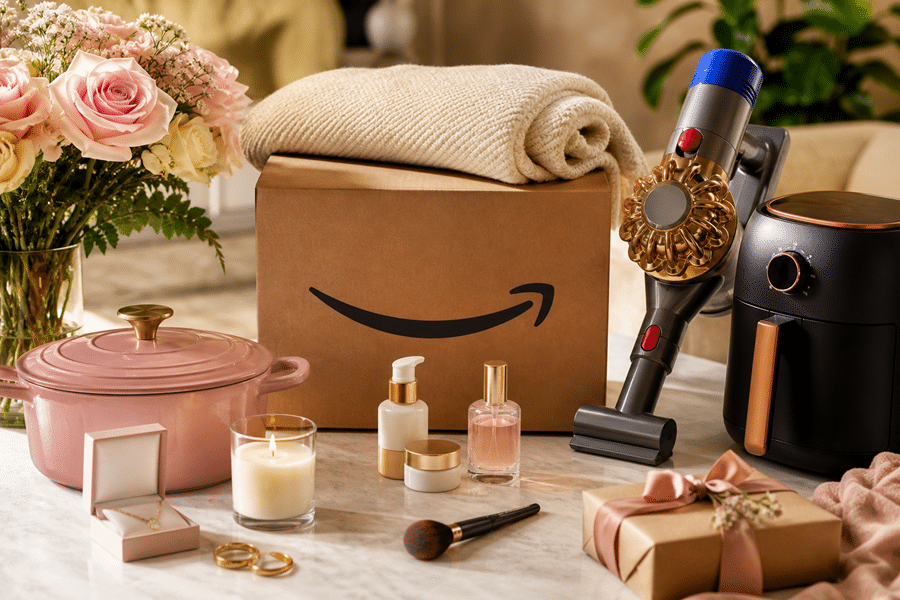 Amazon box opened with assorted gifts and beauty items on a marble countertop, including flowers, jewelry, candle, and a pink pot.
