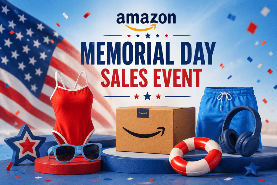 Amazon Memorial Day Sales Event banner with patriotic backdrop and beach gear: red swimsuit, blue shorts, sunglasses, headphones, box, life ring, stars, and flag theme.