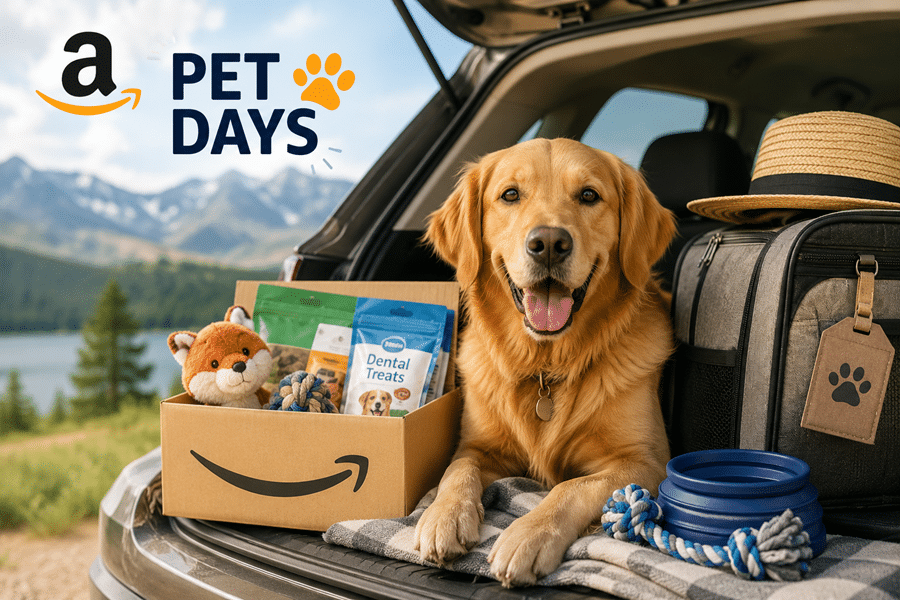 Golden retriever sits in a car trunk with a box of pet supplies, under an Amazon Pet Days banner in a scenic outdoor setting.