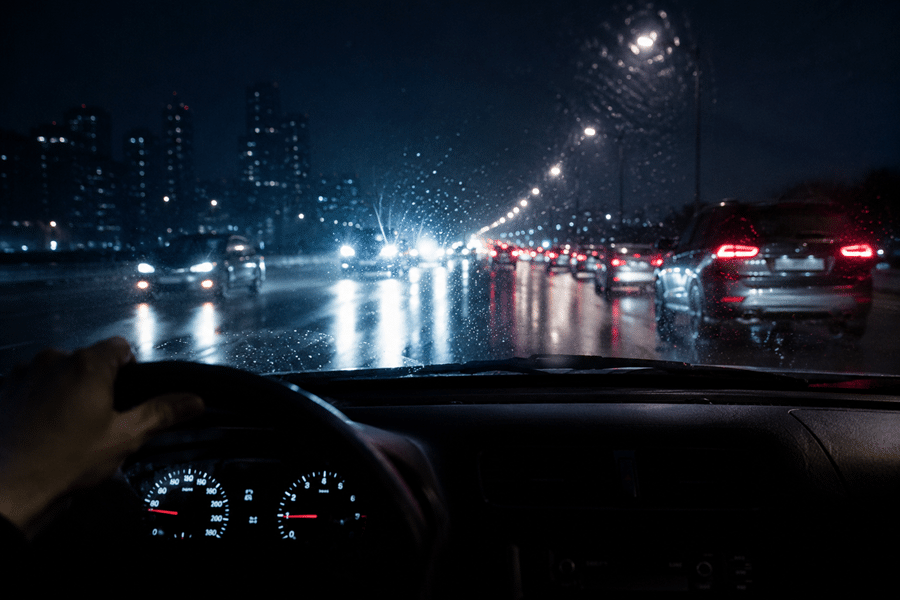 Driver's hand on the steering wheel as cars drive on a wet, neon-lit city highway at night.