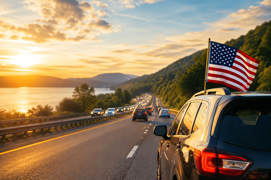 SUV with an American flag mounted on the roof drives along a coastal highway at sunset, with hills and a golden sky in the background.