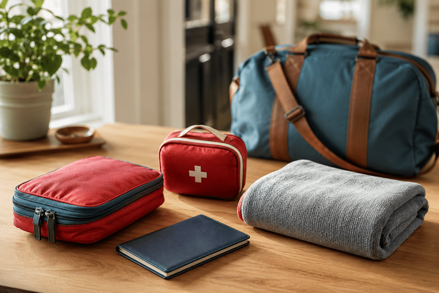 Travel essentials on a wooden table: red first-aid pouch, small red medical bag, passport, folded gray blanket, blue bag.