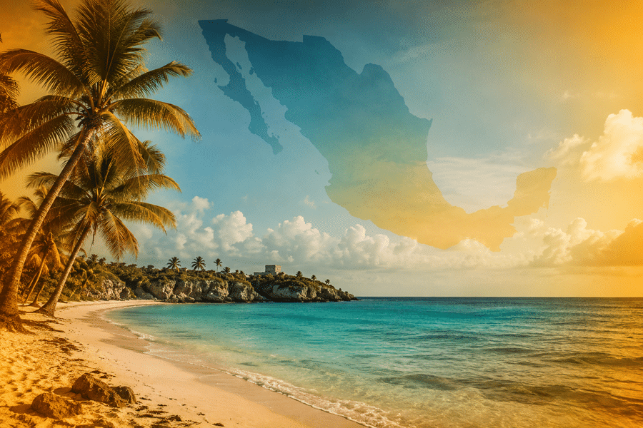 Tropical beach with palm trees along a sandy shore, turquoise water, rocky headland, and a faded map of Mexico in the sunset sky.