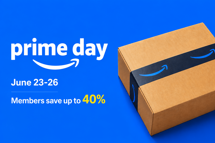 Prime Day promo on a blue background with a cardboard box; text reads 'prime day', 'June 23-26', and 'Members save up to 40%'