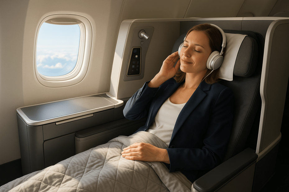 Woman relaxing in an airplane seat wearing headphones with eyes closed, listening to music by the window.