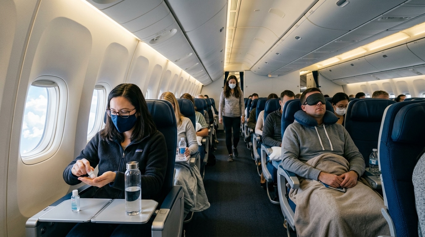 Inside a commercial airplane cabin with passengers seated; several wear masks as a flight attendant walks down the aisle in the background.