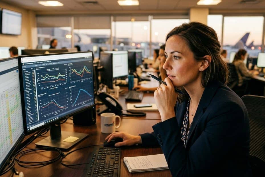 Woman in a blazer reviews market charts on two computer monitors in an open trading floor.|Informative image of a professional monitoring financial data between screens and a notebook on her desk