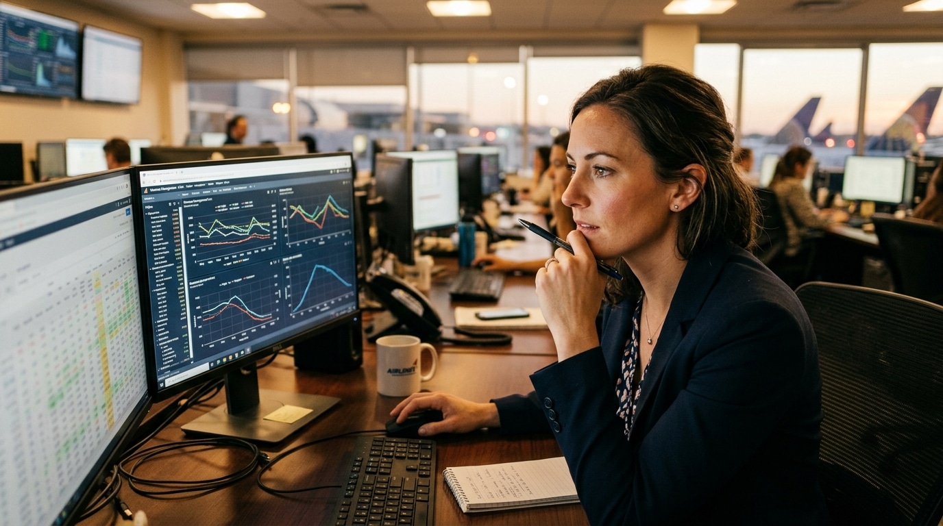 Woman in a blazer reviews market charts on two computer monitors in an open trading floor.|Informative image of a professional monitoring financial data between screens and a notebook on her desk