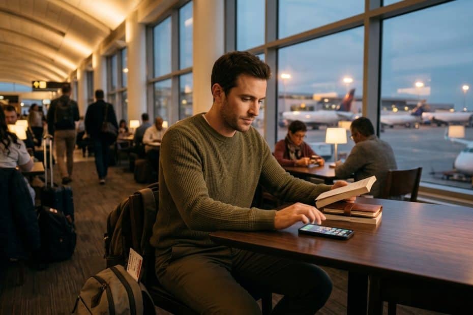 Man in a green sweater sits at a lounge table reading a book while using a smartphone, with backpacks nearby and planes outside the window.