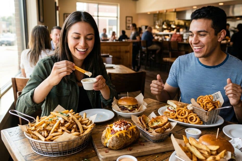 Group of friends enjoying a casual restaurant meal with burgers, fries, and onion rings on a wooden table.