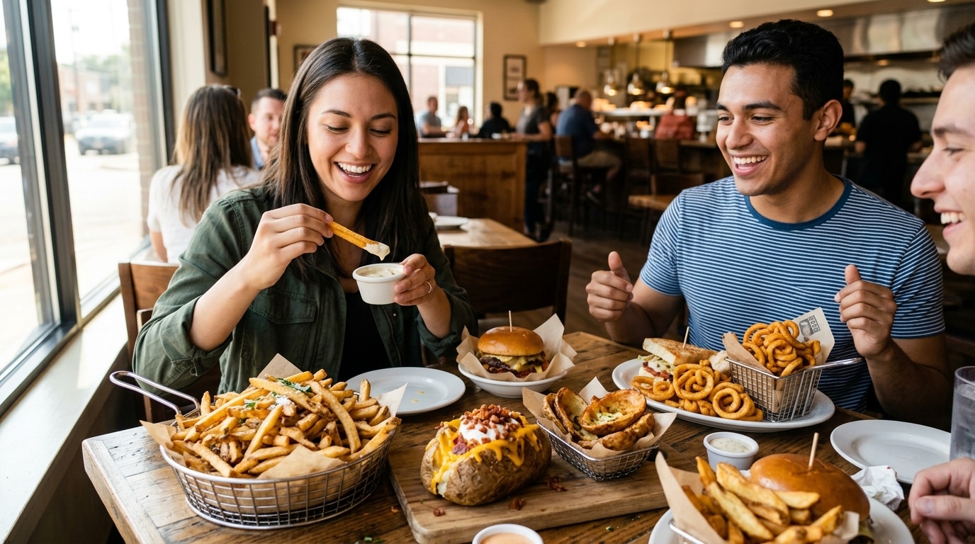Group of friends enjoying a casual restaurant meal with burgers, fries, and onion rings on a wooden table.